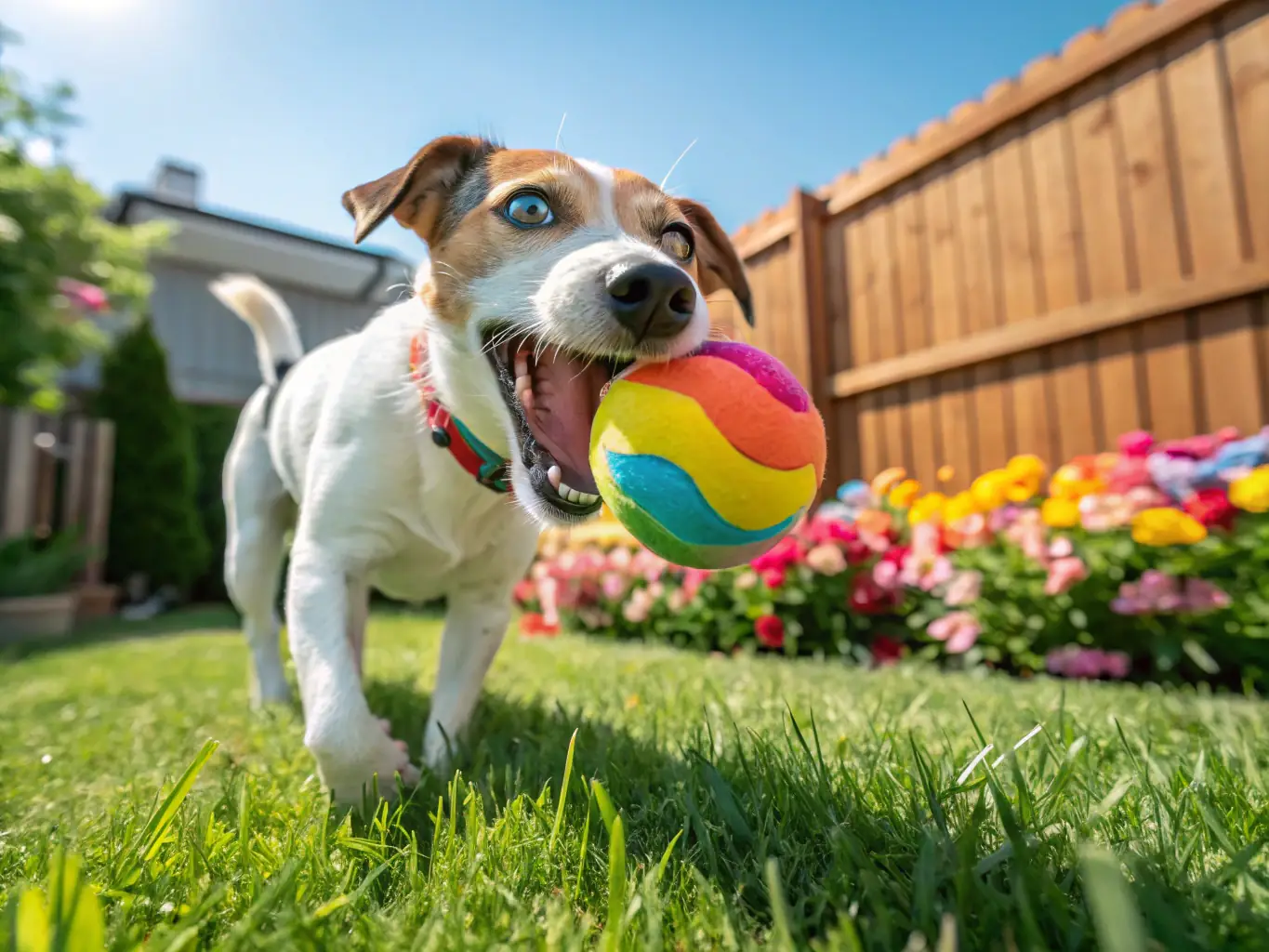 A playful dog chewing on a colorful squeaky toy in a backyard, demonstrating the fun and engaging nature of YellowstoneHouse's pet toys.