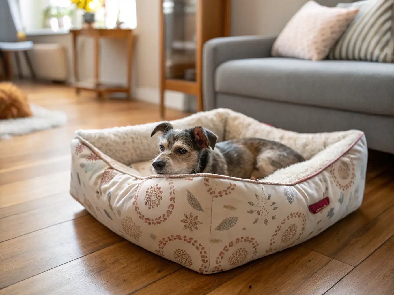 A small dog curled up in a plush, stylish pet bed in a cozy living room, highlighting the comfort and design of YellowstoneHouse's pet beds.