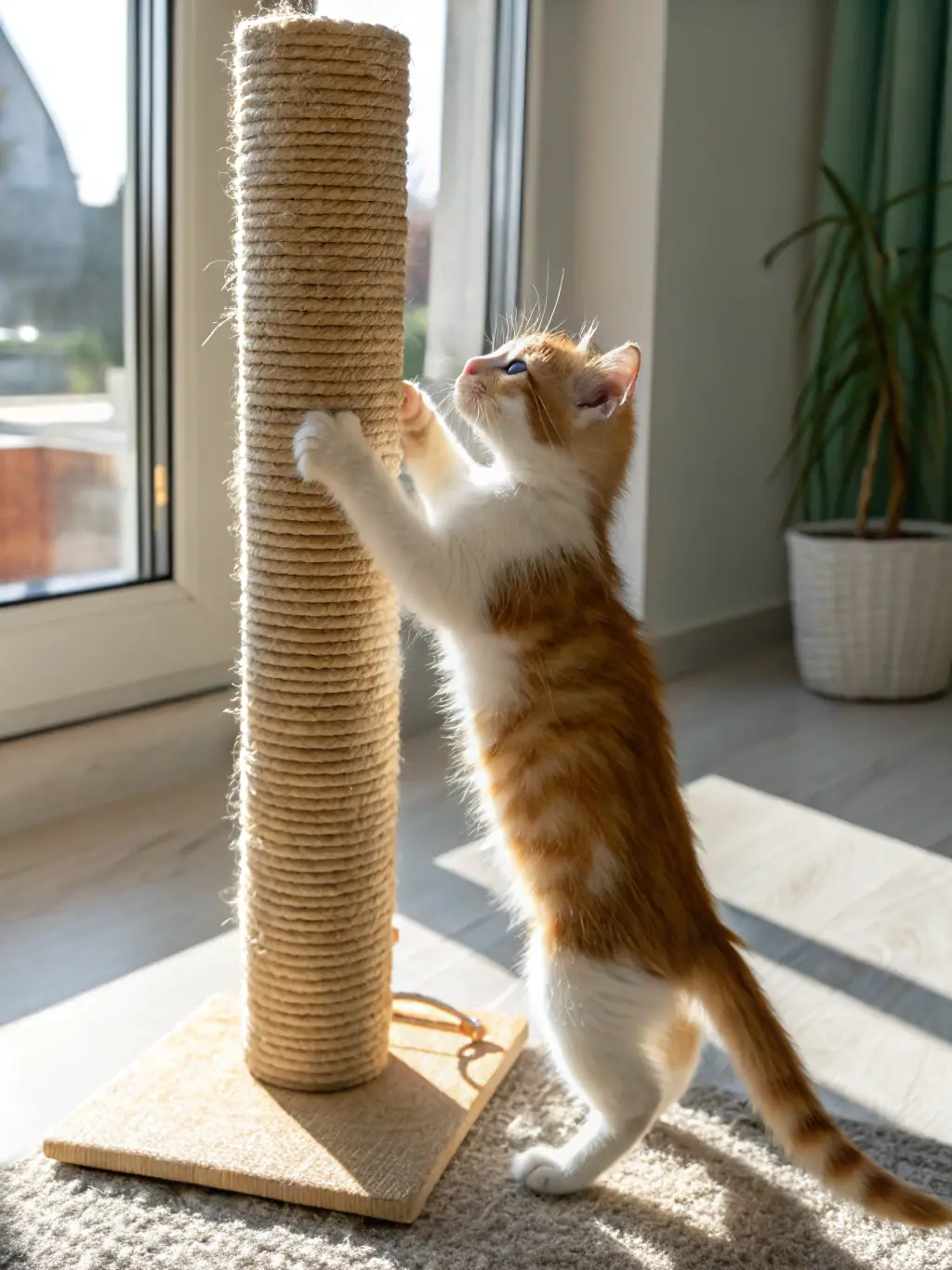 A cat scratching contentedly on a tall, sturdy scratching post made of sisal rope.