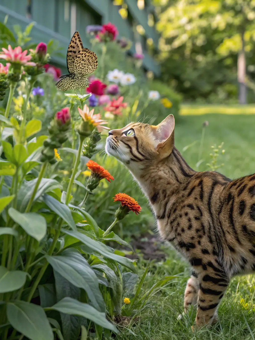 A cat wearing a stylish and comfortable harness, exploring a garden on a leash.