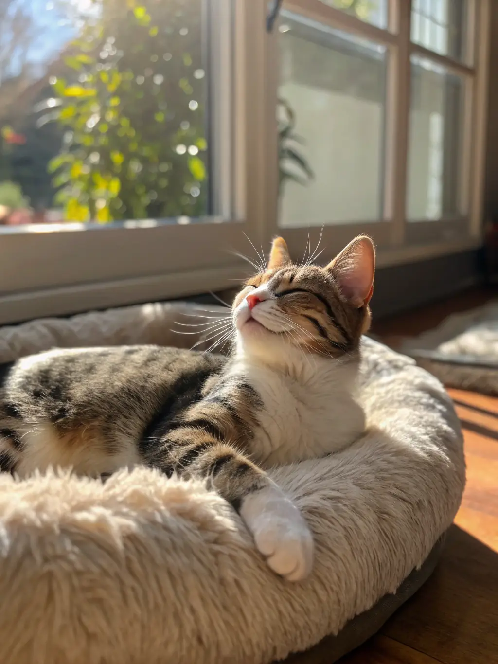 A fluffy cat sleeping comfortably in a modern, enclosed cat bed, placed near a sunny window.