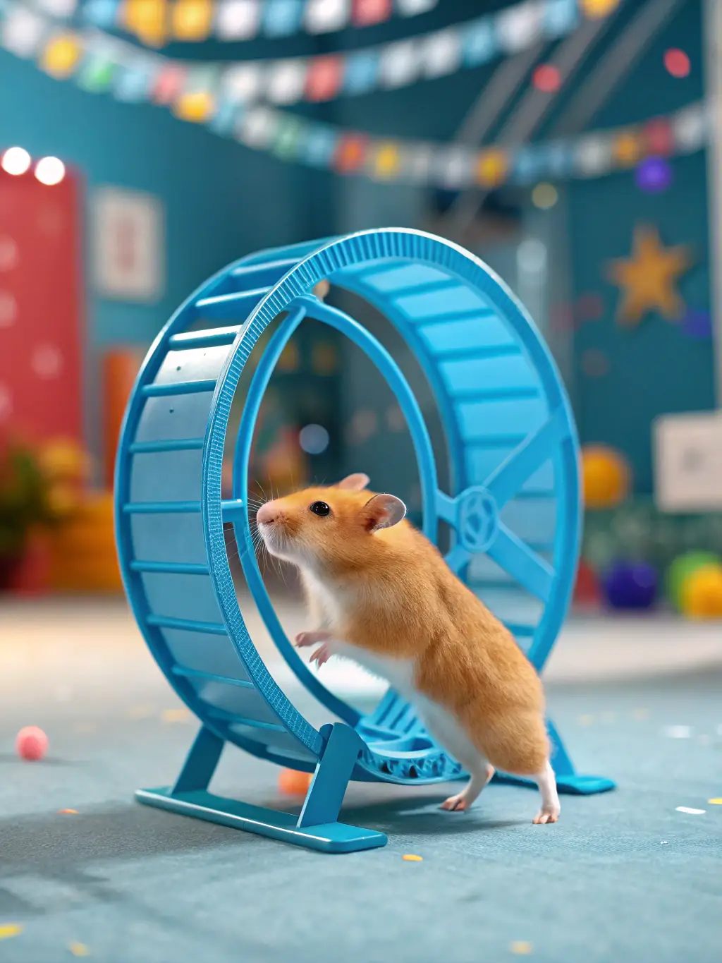 A cozy hamster cage with a hamster wheel, food bowl, and water bottle inside, set in a bright living room.