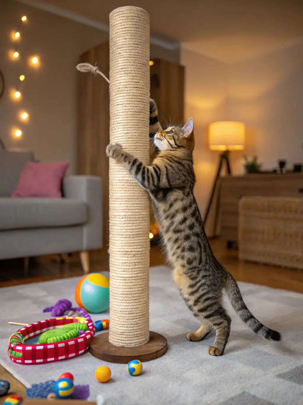 A playful cat batting at a colorful feather toy attached to a wand, held by a person.