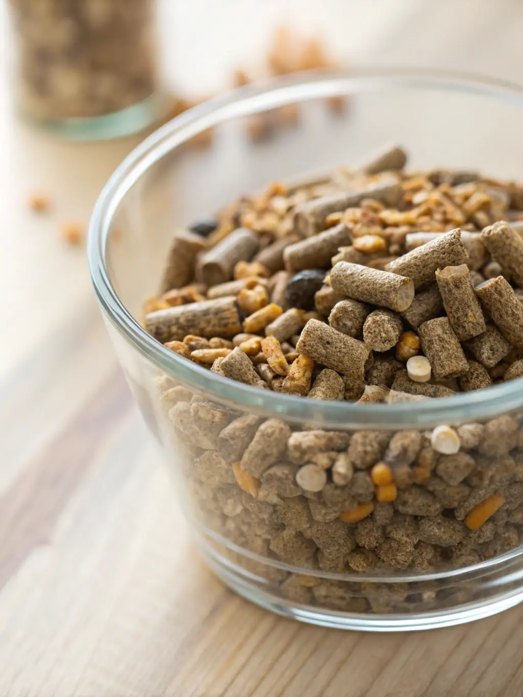 A selection of nutritious small animal food pellets and treats displayed on a wooden shelf in a pet store.