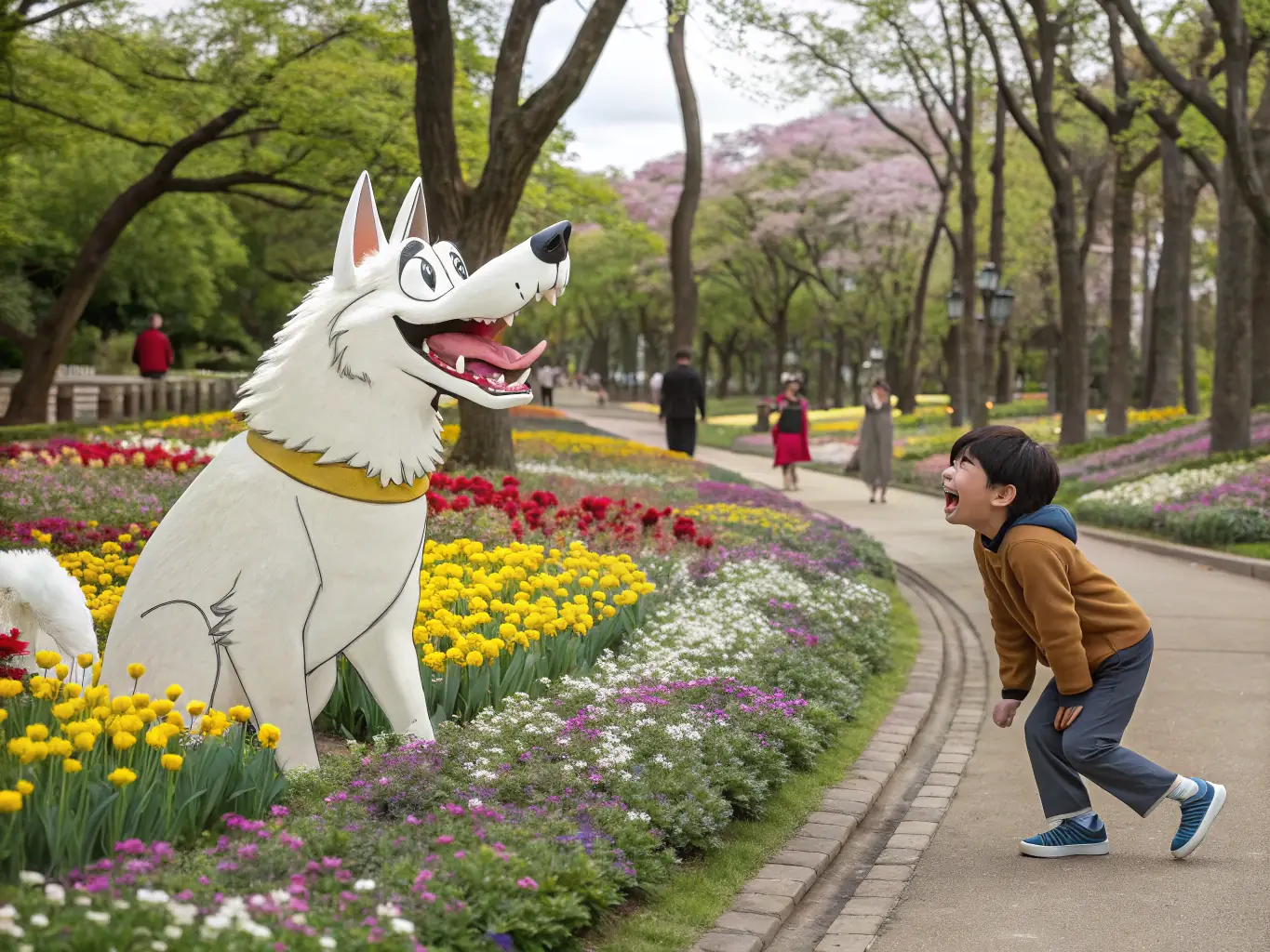 A happy dog wearing a colorful collar and leash, walking in a park, showcasing the stylish and durable design of YellowstoneHouse's dog collars and leashes.