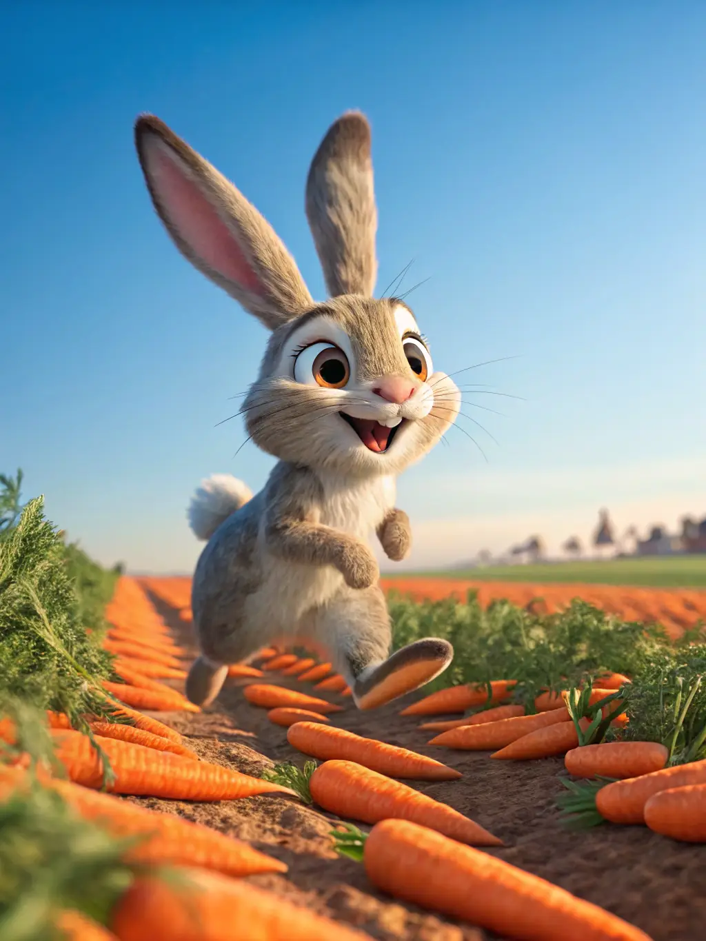 A happy rabbit eating fresh vegetables from a bowl in a spacious hutch, placed in a sunny garden.