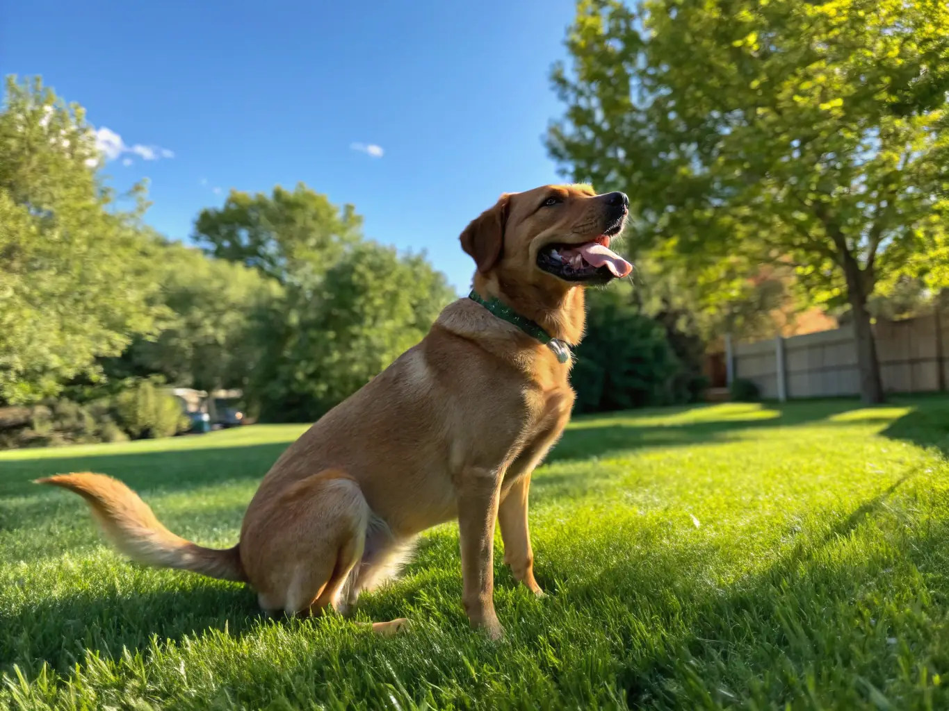 A playful dog chewing on a colorful and engaging squeaky toy in a backyard. The dog appears to be having fun and is actively interacting with the toy.
