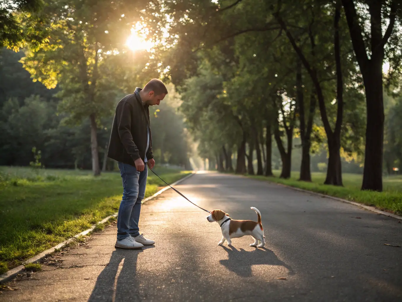 A happy dog wearing a stylish and durable collar and leash, walking confidently in a park setting. The leash is securely attached, and the dog appears comfortable and well-behaved.