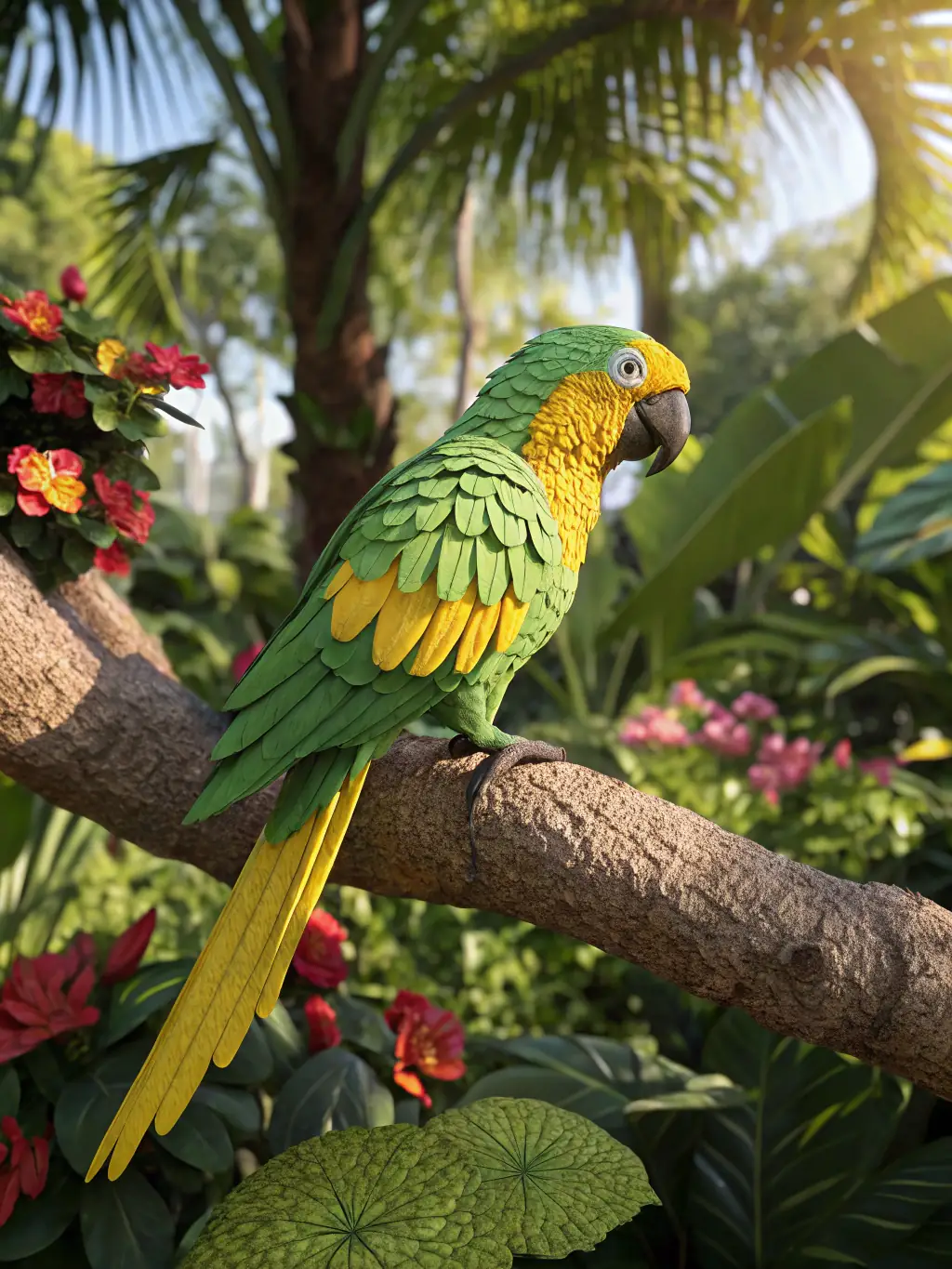 A colorful bird cage with perches, toys, and a bird happily chirping inside, set against a natural backdrop.