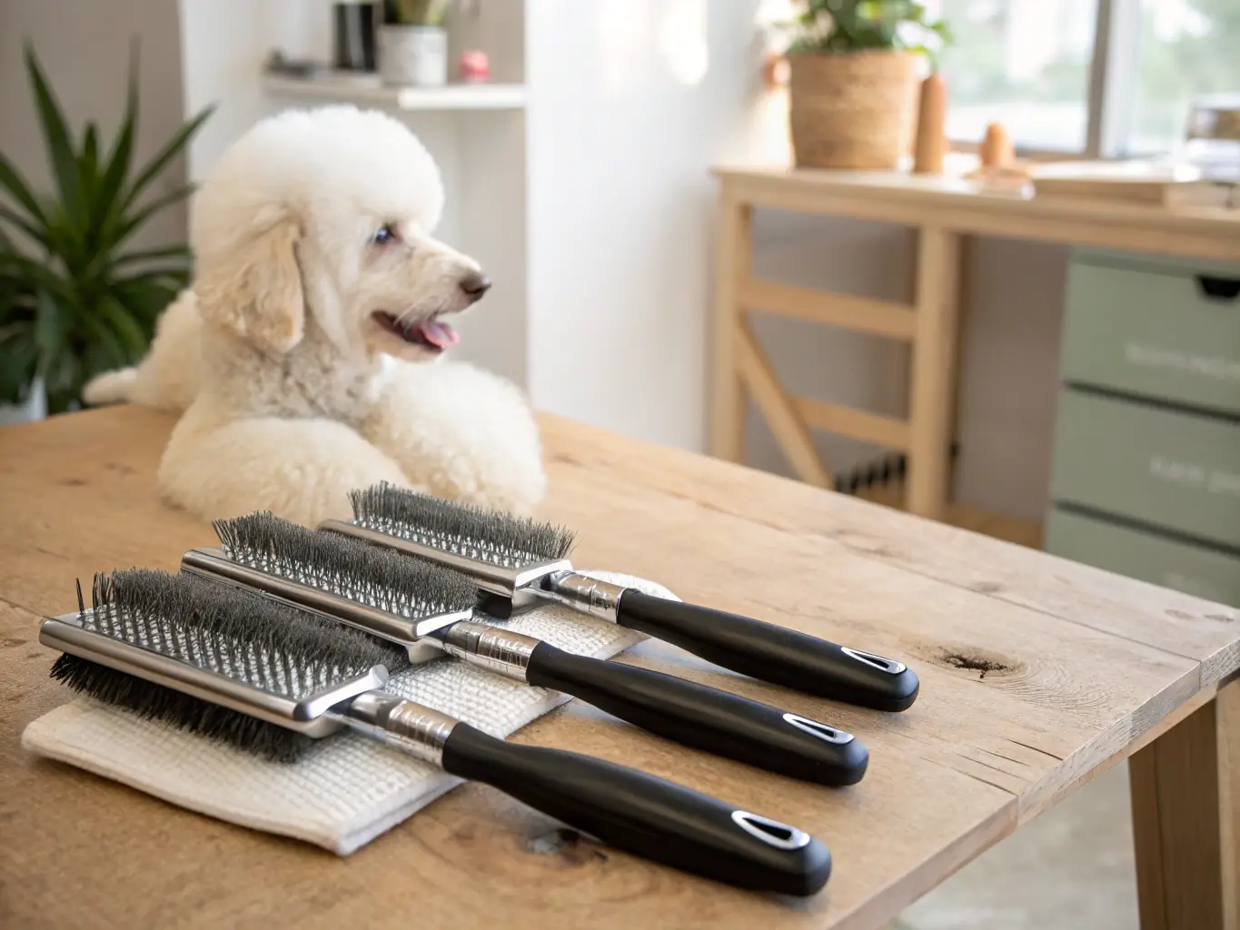 A set of essential cat grooming supplies, including a brush, comb, nail clippers, and shampoo, neatly arranged on a clean surface. The image should convey cleanliness and care, appealing to pet owners who prioritize their cat's hygiene.