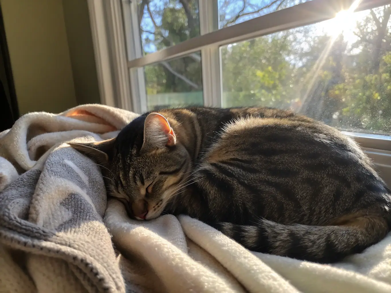 A high-quality image of a plush, round cat bed in a calming gray color, with a ginger cat comfortably curled up inside. The bed is placed on a hardwood floor in a sunlit room, creating a cozy and inviting scene.