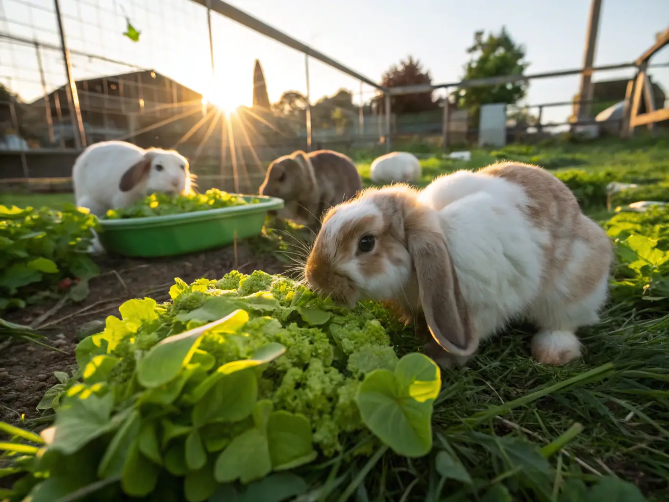 A rabbit enjoying fresh hay in a spacious hutch, with a water bowl and chew toys nearby, illustrating a happy and healthy rabbit in its enclosure.