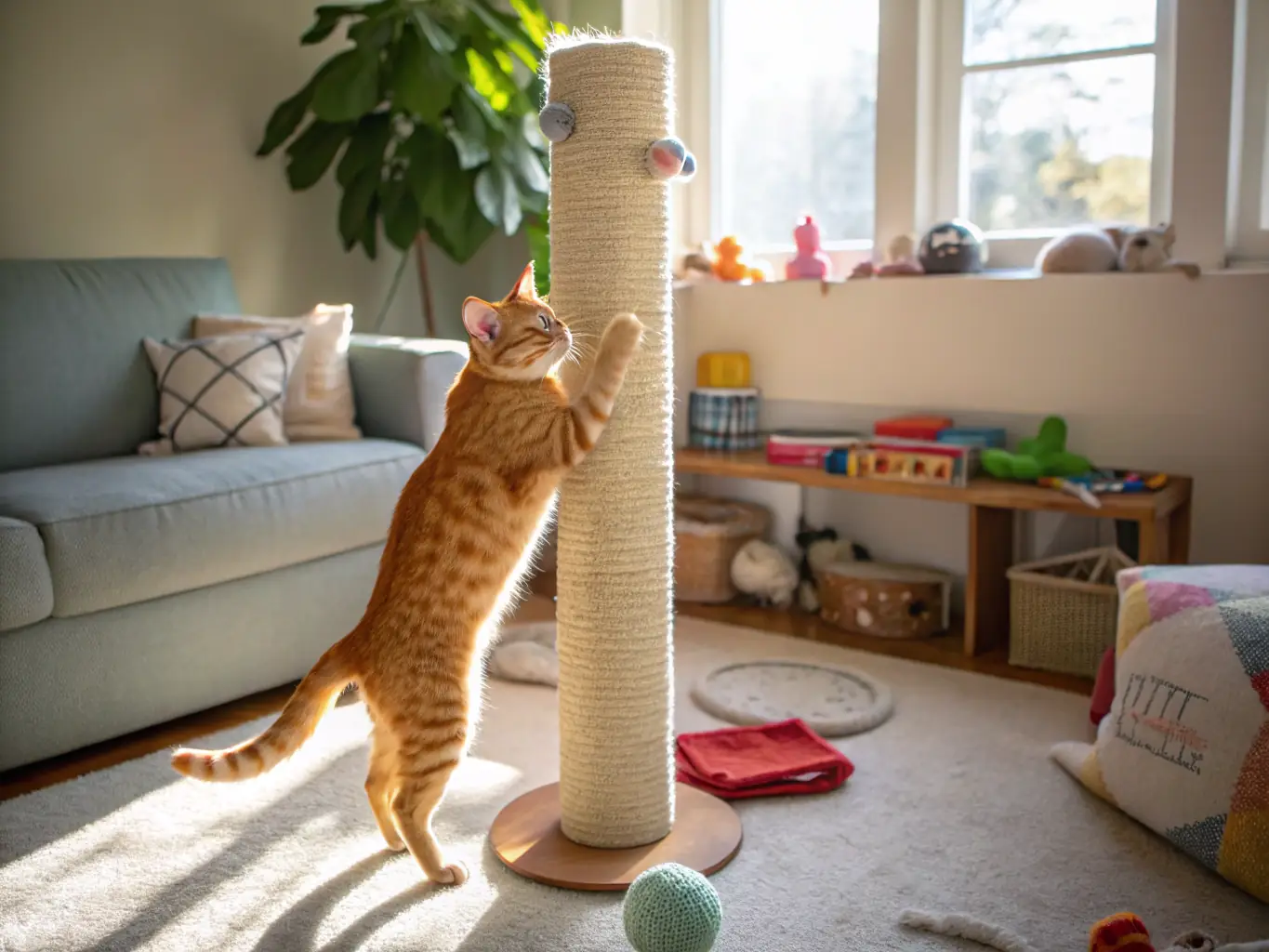 A sturdy and attractive scratching post made of natural sisal, with a multi-tiered design and a comfortable perch at the top. A sleek black cat is shown stretching and scratching on the post, demonstrating its functionality.