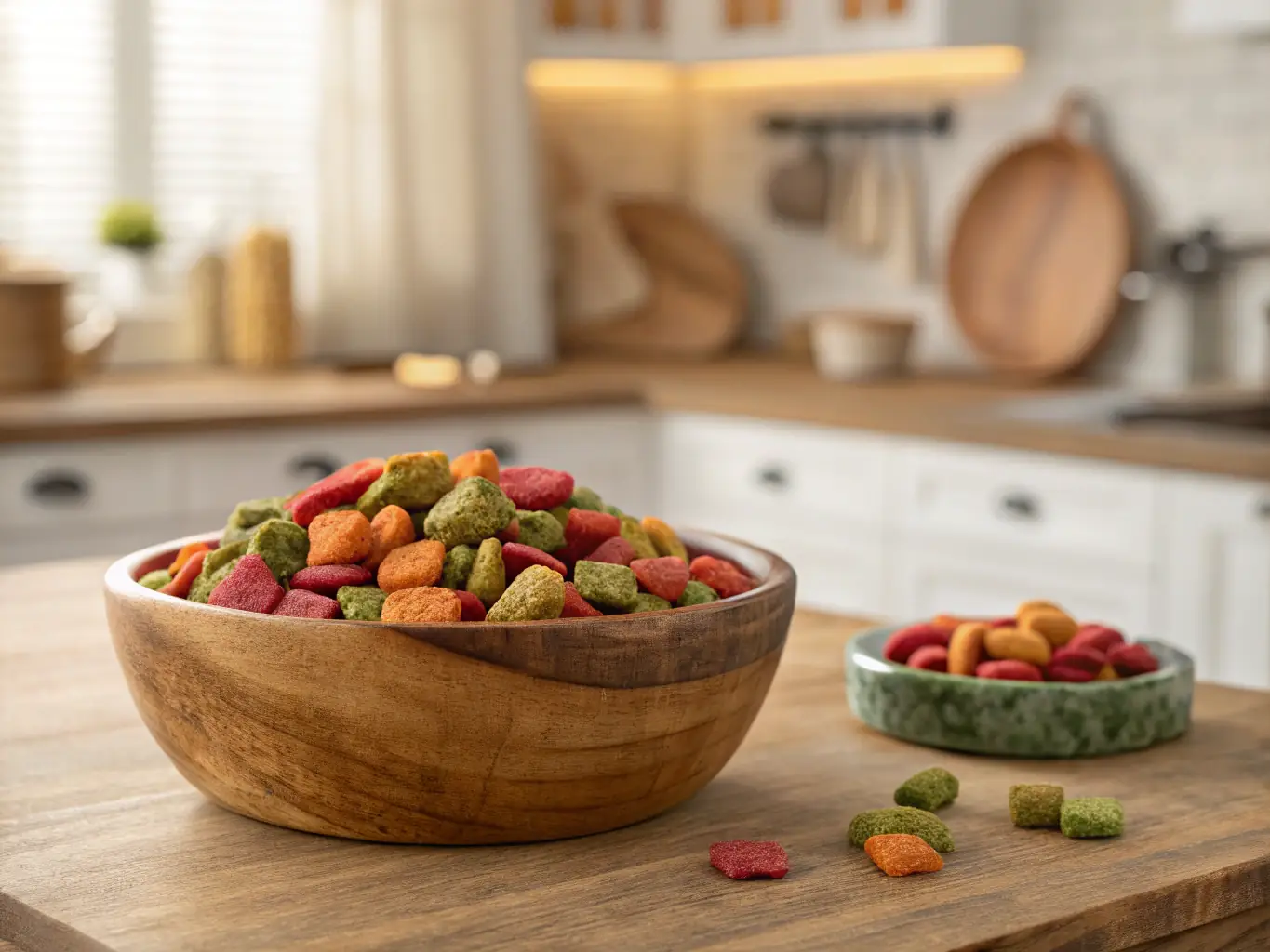 A playful arrangement of cat treats, including crunchy biscuits and soft chews, displayed in an attractive bowl. The image should evoke a sense of fun and indulgence, enticing pet owners to spoil their cats.