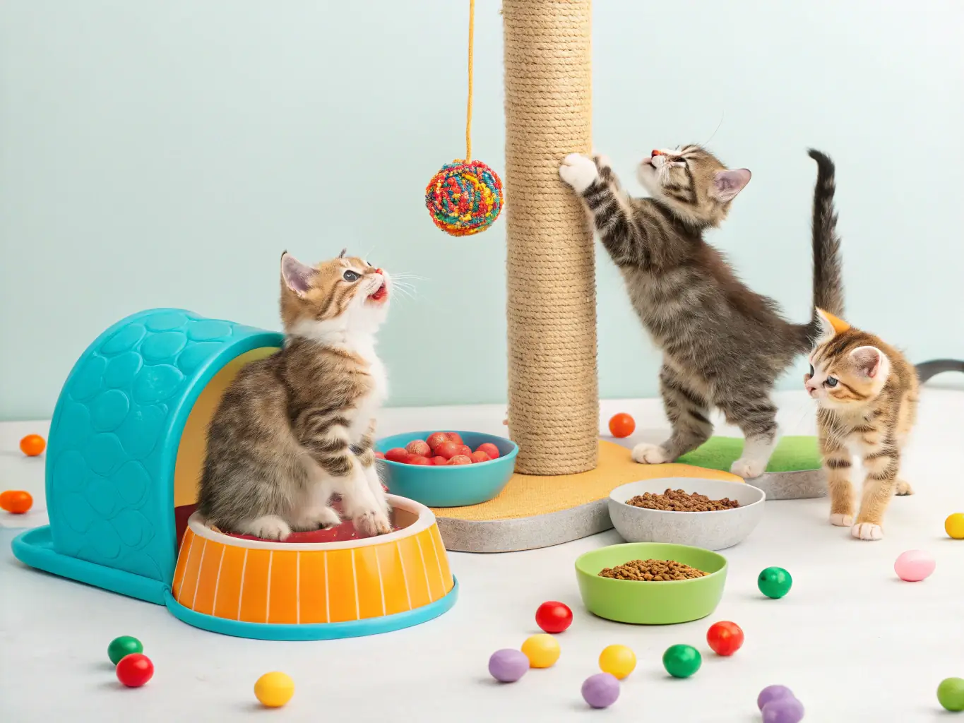 A vibrant image showcasing a variety of colorful and engaging cat toys, including feather wands, plush mice, and interactive puzzle toys. The toys are arranged on a bright background to emphasize their playful nature.