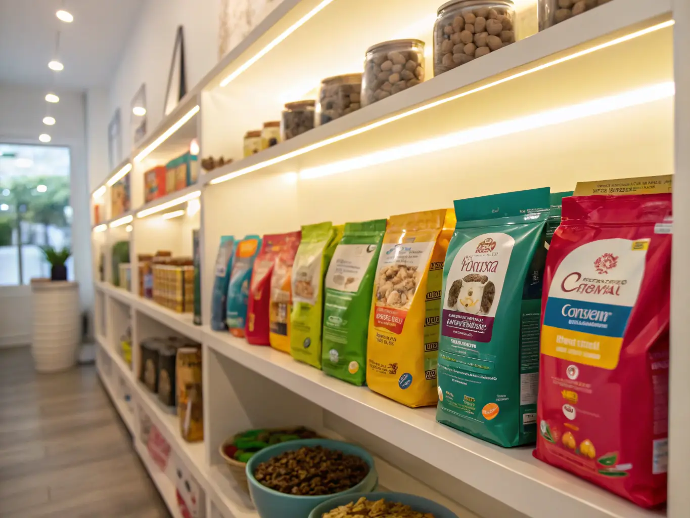A close-up shot of a variety of high-quality cat food in colorful packaging, arranged neatly on a shelf. The image should convey freshness and nutritional value, appealing to health-conscious pet owners.